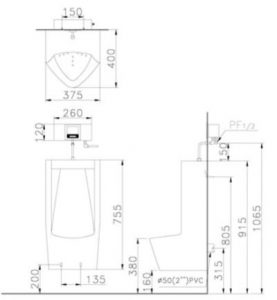 Bản vẽ kỹ thuật Bồn tiểu U0282+A637 U0282+A637 277x300 Bồn Tiểu nam treo tường Caesar U0282 + Van xả cảm ứng A637