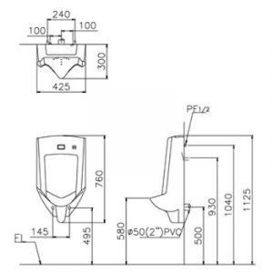 Bản vẽ kỹ thuật Bồn tiểu UA0287 UA0287T 300x300 Bồn Tiểu nam treo tường Caesar UA0287 (Bao gồm bộ xả cảm ứng A640)