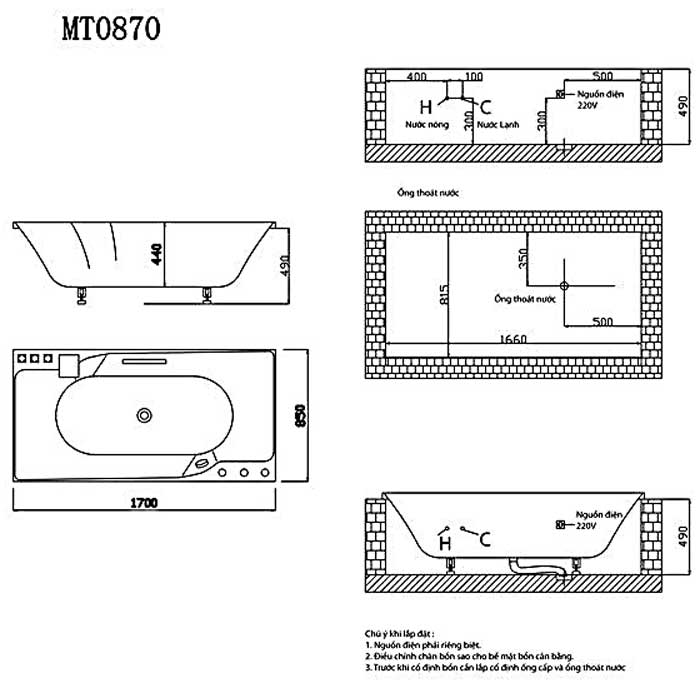 Bản vẽ kỹ thuật lắp đặt bồn tắm massage Caesar MT0870L(R)