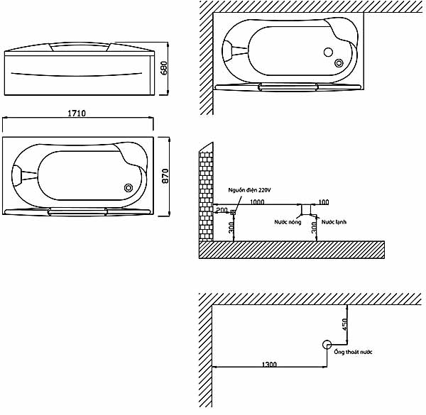 Bản vẽ kỹ thuật lắp đặt Bồn tắm xây massage CAESAR MT3370L(R)