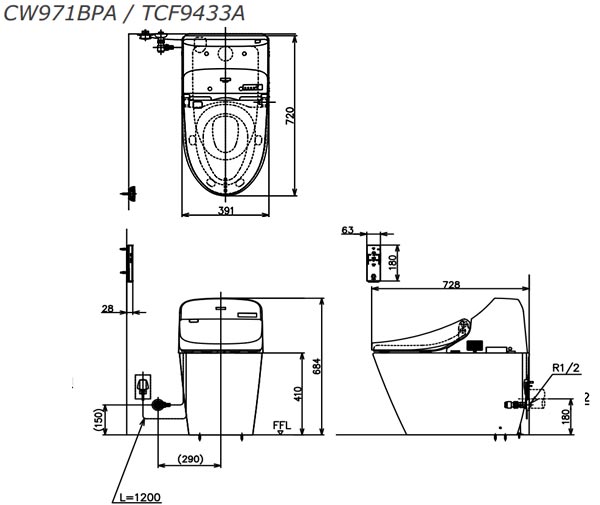 Bản vẽ kỹ thuật lắp đặt bồn cầu thông minh ToTo CW971BPA305/TCF9433A (Thoát ngang)
