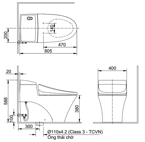 Bản vẽ kỹ thuật lắp đặt bồn cầu 1 khối Inax AC-1008VRN