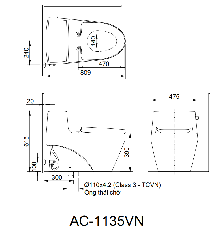 kích thước bồn cầu nắp rửa điện tử Inax AC-1135+CW-KA22AVN