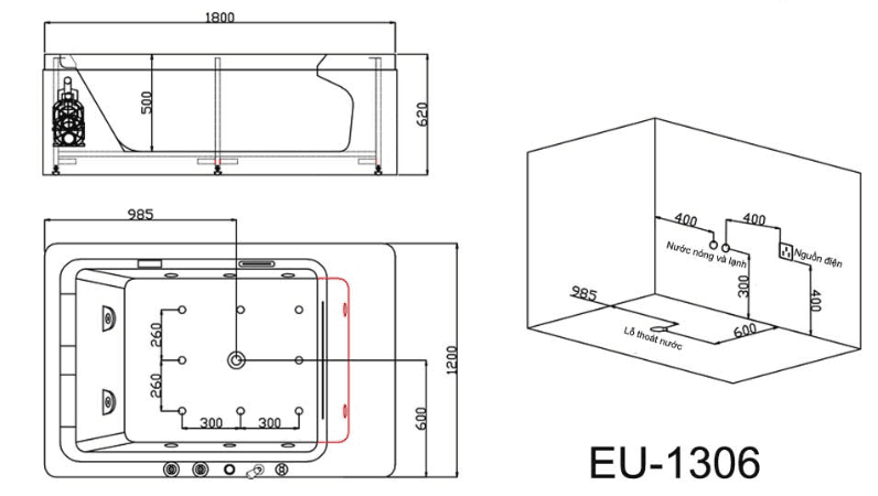 Bản vẽ bồn tắm massage EuroKing EU-1306
